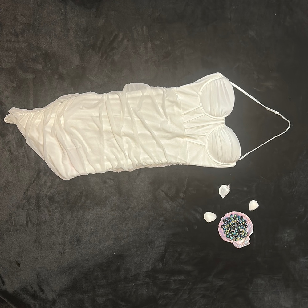 White Halter Ruched Mesh Corset Asymmetrical Dress Size S New